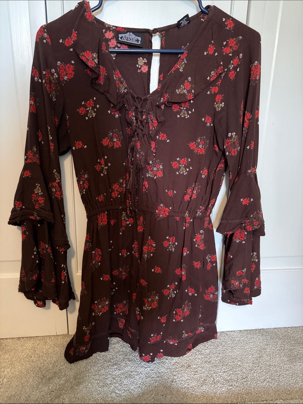 Angie Brown Floral Tie-Front Bell Sleeve Romper